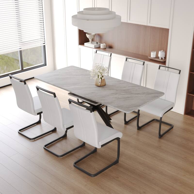 Modern Dining Set with Rectangular Extendable Table & C-shaped Tube Soft Padded Armless Chairs