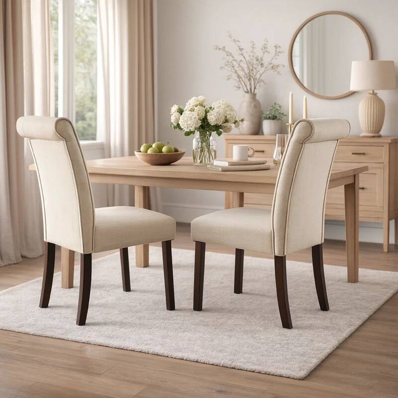 Fabric Upholstered Wooden Side Chair with Button Tufted Back, Beige and Brown