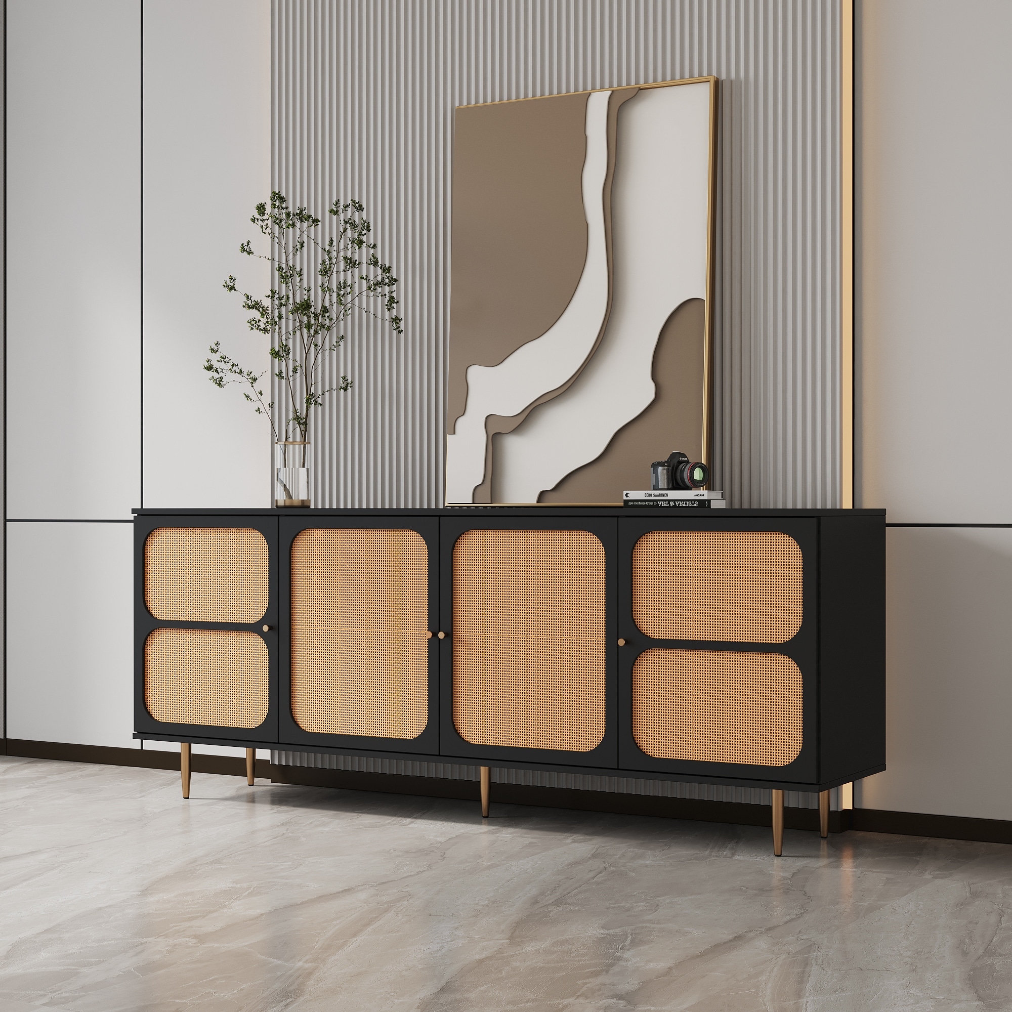 Black Rattan TV Stand Sideboard Buffet Cabinet with Adjustable