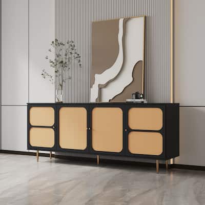 Rattan Sideboard Buffet Cabinet with 3 Handmade Natural Rattan Doors and Adjustable Shelves TV Stands Media Cabinets