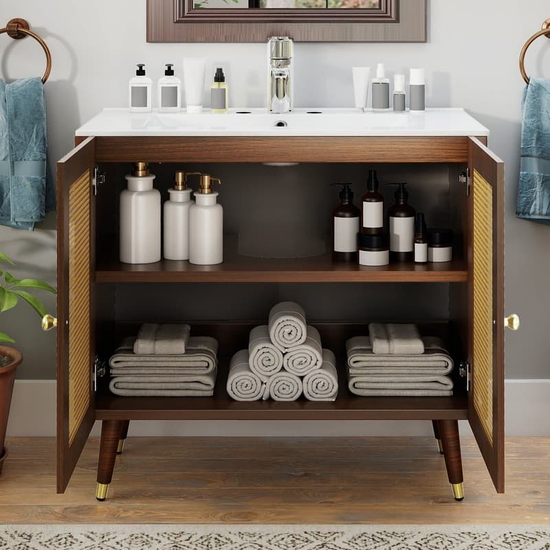 Moasis 24" Bathroom Vanity with Ceramic Sink, Rattan Double Door Cabinet and Drawer, Freestanding Solid Wood Legs