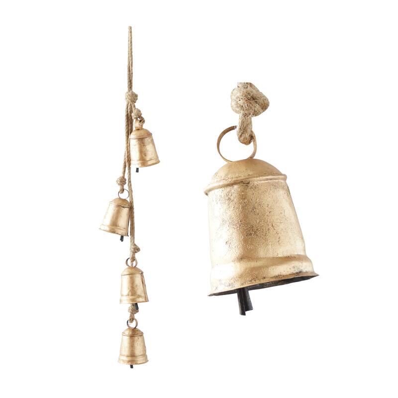 Gold or Red Metal Handmade Tibetan Inspired Decorative Cow Bell with Jute Hanging Rope