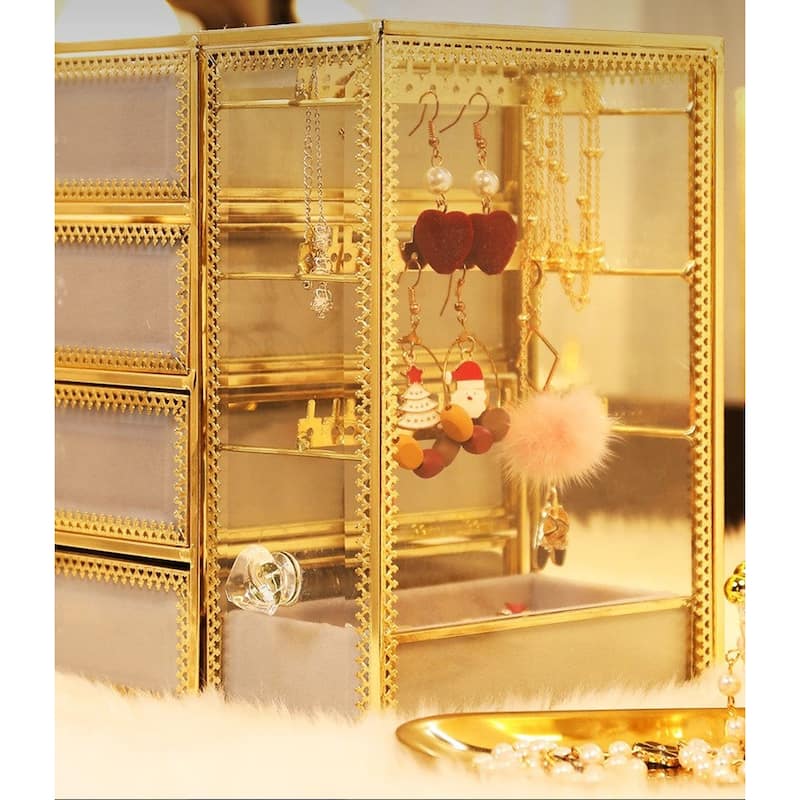 Golden Brass Vintage Glass Jewelry Box,Jewelry Organizer with 4 Drawers Earring Holder - Gold