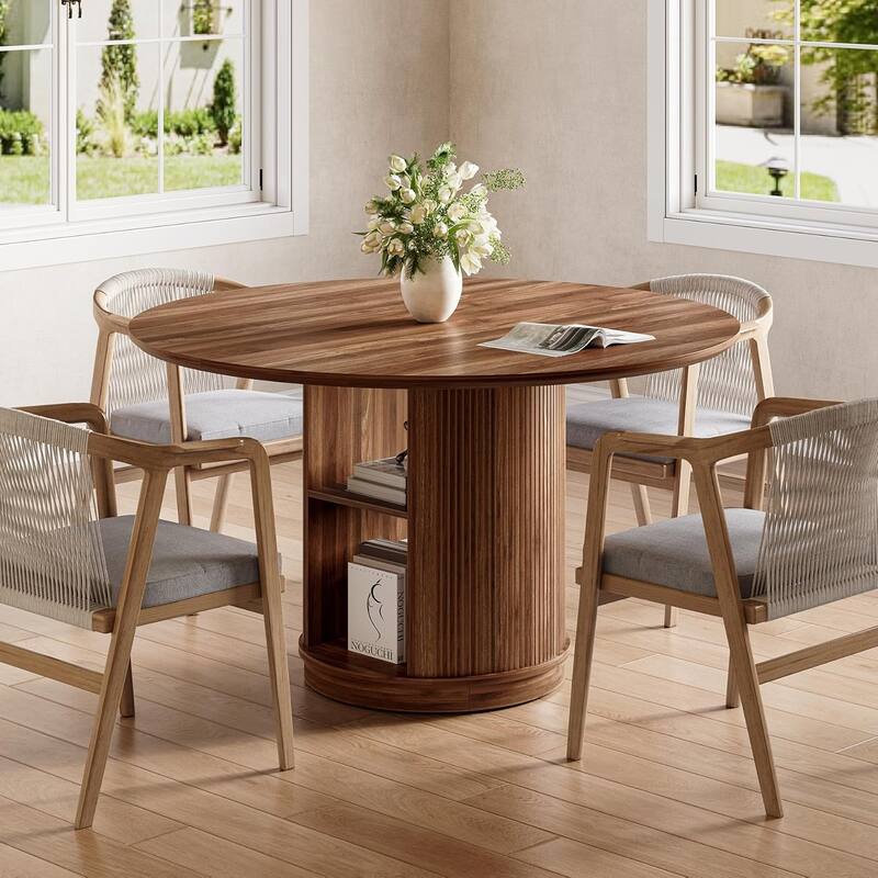47-Inch Round Dining Table for 4-6, Kitchen Table with 2-Layer Shelf Cylindrical Pedestal - Walnut Brown