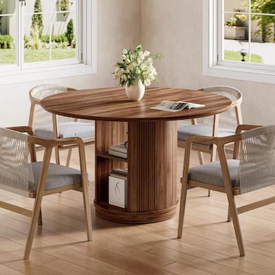 47-Inch Round Dining Table for 4-6, Kitchen Table with 2-Layer Shelf Cylindrical Pedestal