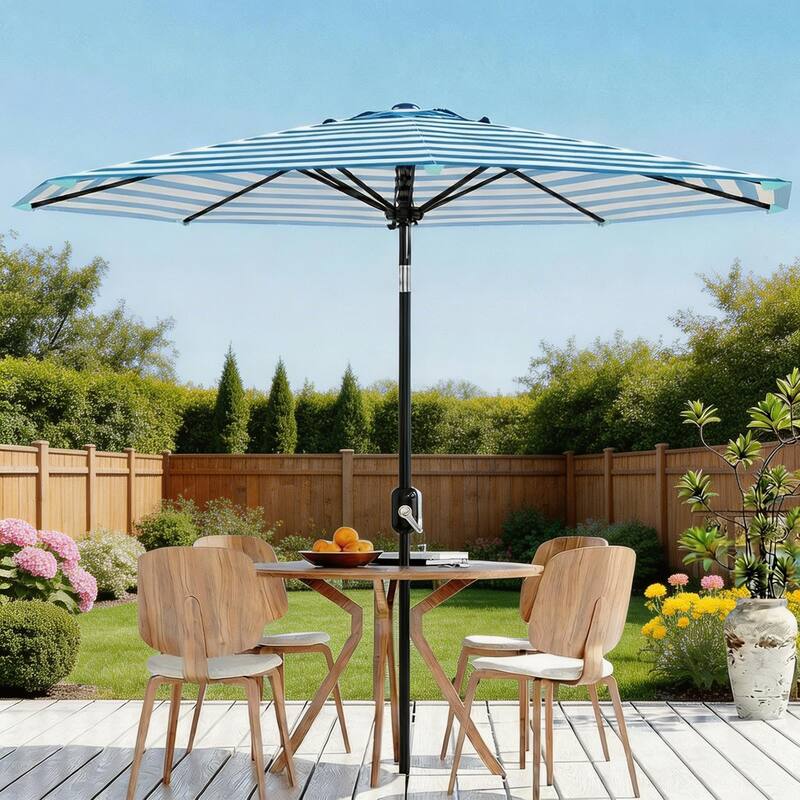 9 ft Patio Umbrella, with Crank Lift & Push Button Tilt, 8 Sturdy Ribs - Blue & White Stripes