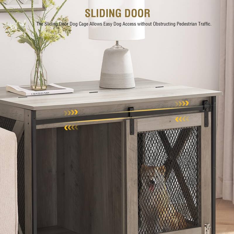 Farmhouse Dog Cage Crate Furniture with Sliding Barn Door, Wood Dog Kennel End Table, Flip-top Plate, Detachable Divide