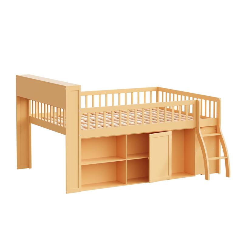 GDFStudio - PureSpace Modern Wooden Queen Loft Bed with Storage and LED Headboard