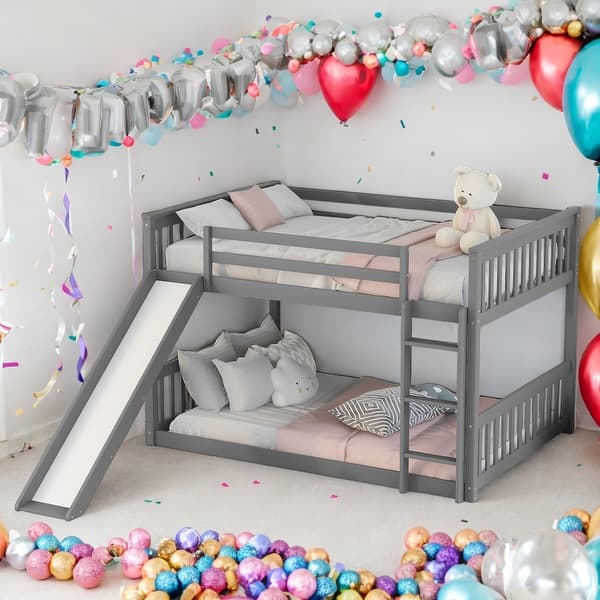 slide 2 of 18, Full over Full Multiple Functional Bunk Bed with Slide and Ladder in Grey Color,Modern & Clean Design,No Box Spring Needed Gray