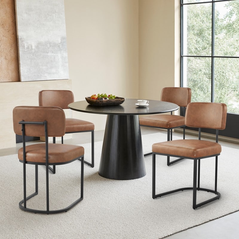 Spruce & Spring Arthur Dining Chair Set with Brass or Black Frame - Set of 4 - Brown-Black Metal Frame