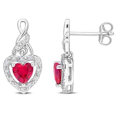 Miadora 1 1/6 CT TGW Created Ruby 1/8ct TW Diamond Heart Earrings Sterling Silver