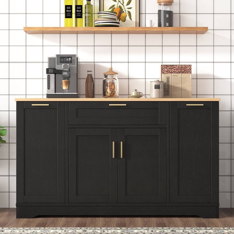 Multi-Functional Kitchen Sideboard with Extendable Dining Table, Storage Cabinet with 3-Tier Pull-Out Rack