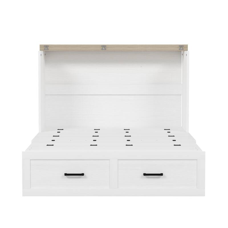 Full Size Wood Murphy Bed with Charging Station, Foldable Platform Bed with Large Storage Drawer