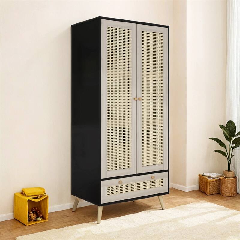 70.8" Tall Armoire Wardrobe Closet with 2 Rattan Doors & 1 Drawer