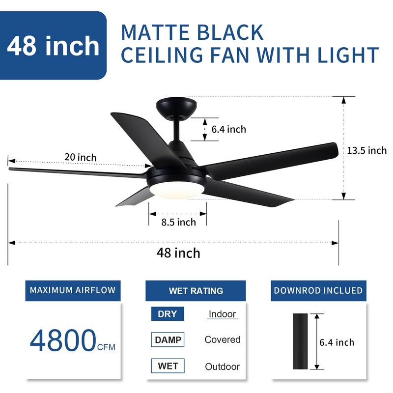 YUHAO 48 in. LED Indoor Matte Black Ceiling Fan with Integrated Light Kit and Remote Control