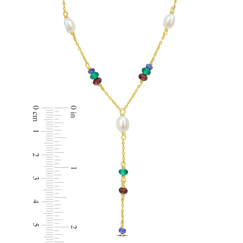 Miadora 3 3/5ct TGW Blue Sapphire Garnet Green Onyx Cultured Freshwater Pearl Necklace in Yellow Silver-17+2in