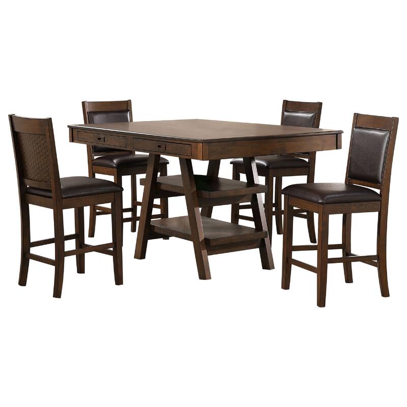 Wey 5pc Counter Height Dining Table and 4 Chairs Set, Brown, 2 Shelves
