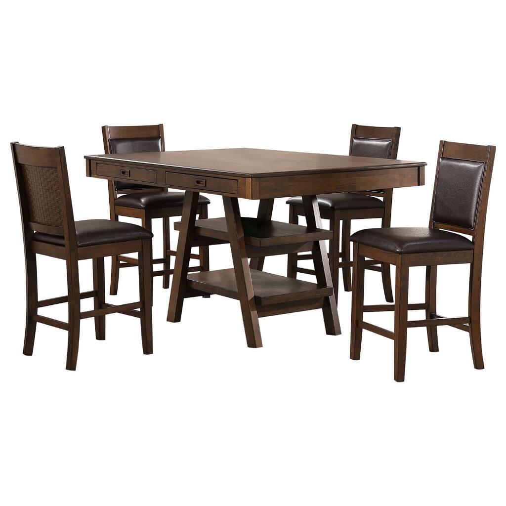 Wey 5pc Counter Height Dining Table and 4 Chairs Set, Brown, 2 Shelves
