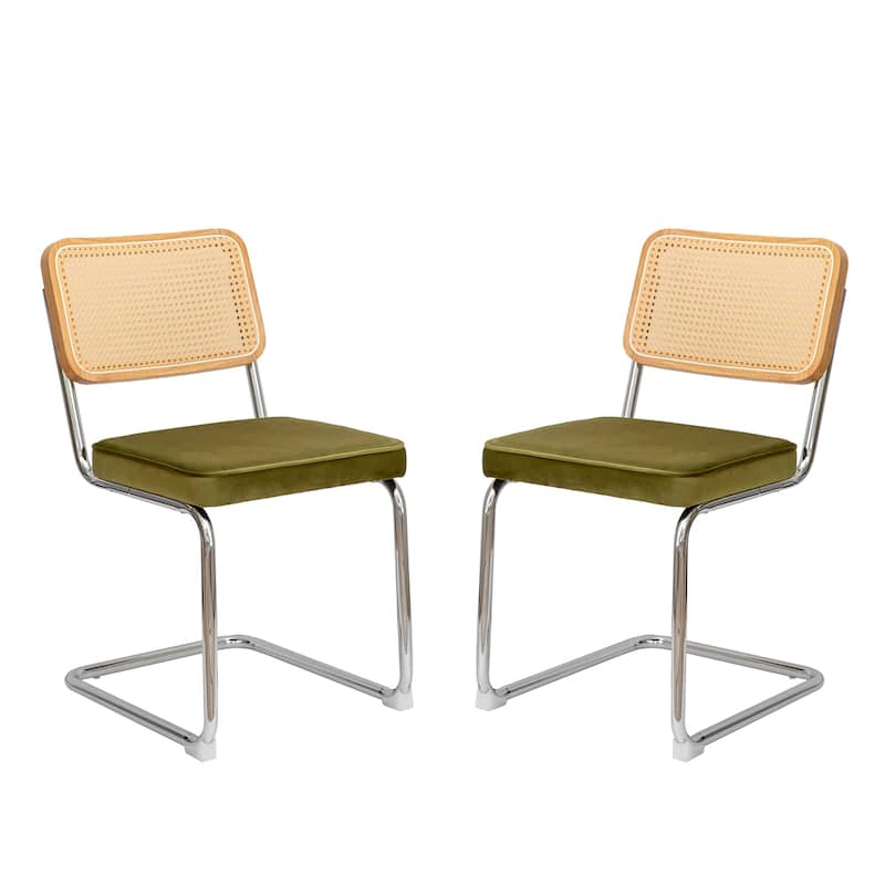 Dining Chairs Set of 2, Velvet Rattan Side Accent Chairs with Chrome Legs, Upholstered Dining Living Room Kitchen Chairs (2pcs)