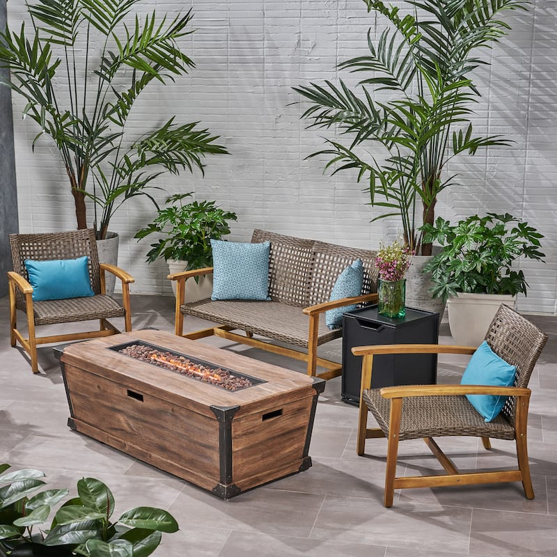 Azalea Outdoor 3 Piece Wood and Wicker Chat Set with Fire Pit by Christopher Knight Home - Natural Finish, Mixed Mocha, Brown