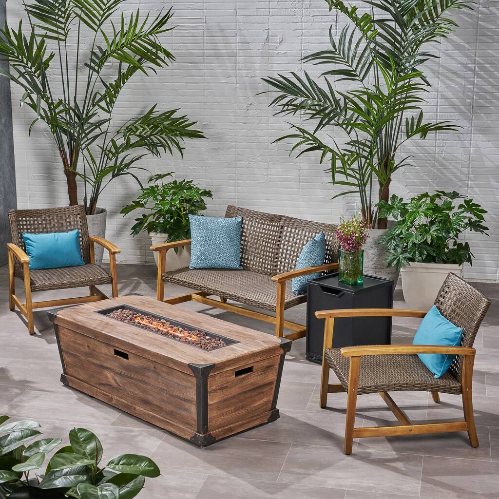 Azalea Outdoor 3 Piece Wood and Wicker Chat Set with Fire Pit by Christopher Knight Home