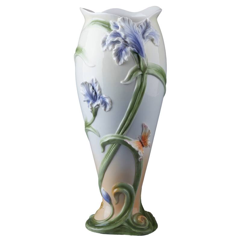 Charis 12.99" height Iris & Butterfly Vase multicolor Fine Porcelain
