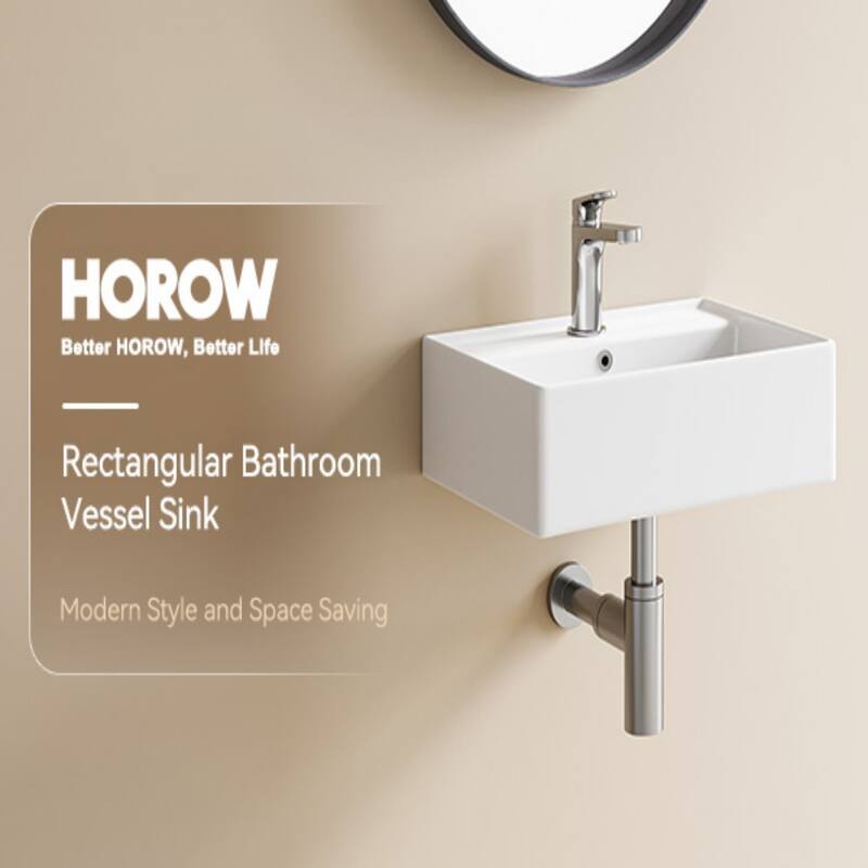 HOROW Rectangular Wall-Mount Install or On Countertop Bathroom Sink 17.72 in. with Single Faucet Hole in White