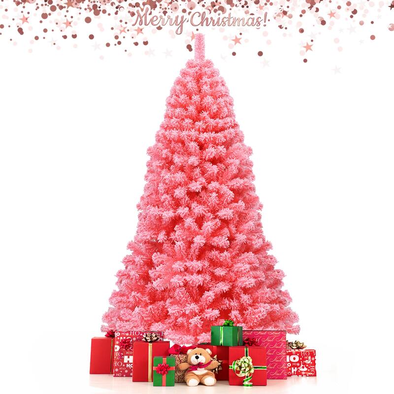 Gymax 4.5/6.5/7.5 FT Artificial Snow Flocked Pink Christmas Tree Unlit - See details