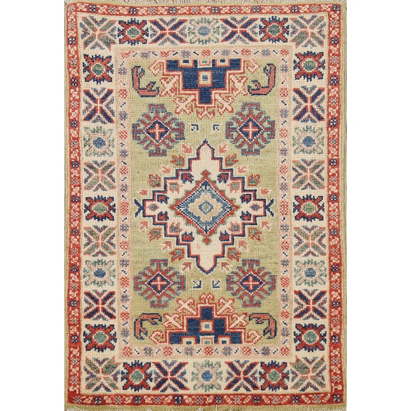 Pistachio Green Geometric Kazak Oriental Rug Hand-Knotted Wool Carpet - 2'1"x 2'10"
