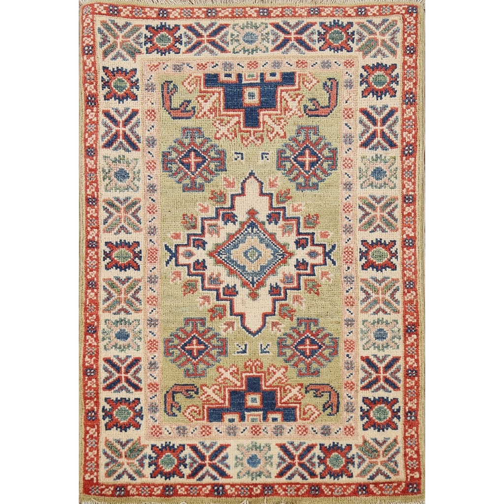 Pistachio Green Geometric Kazak Oriental Rug Hand-Knotted Wool Carpet - 2'1"x 2'10"