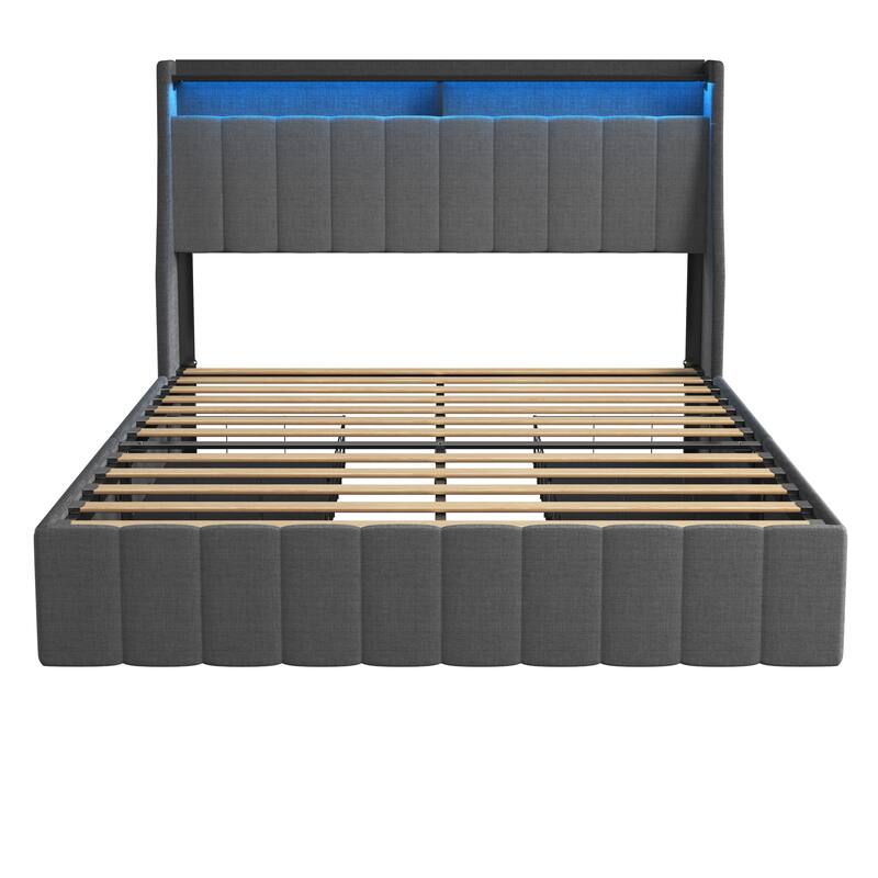 Upholstered Platform Bed Frame with Led Lights and Storage Rack, 4 Under-bed Storage Drawers, No Box Spring Needed, Metal Frame
