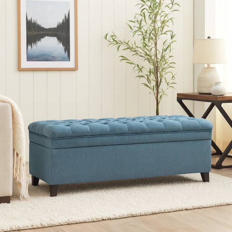 Rhya Storage Ottoman Bench, Soft Blue Fabric, Black Wood, 50 Inch