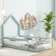 preview thumbnail 1 of 22, Twin Size Wooden Floor Bed with House-Style Headboard and Guardrails for Safe and Imaginative Sleep Light Green