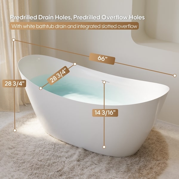 dimension image slide 0 of 4, Freestanding Soaking Bathtub,100% Pure Virgin Acrylic with Drain And Groove Overflow,Glossy White
