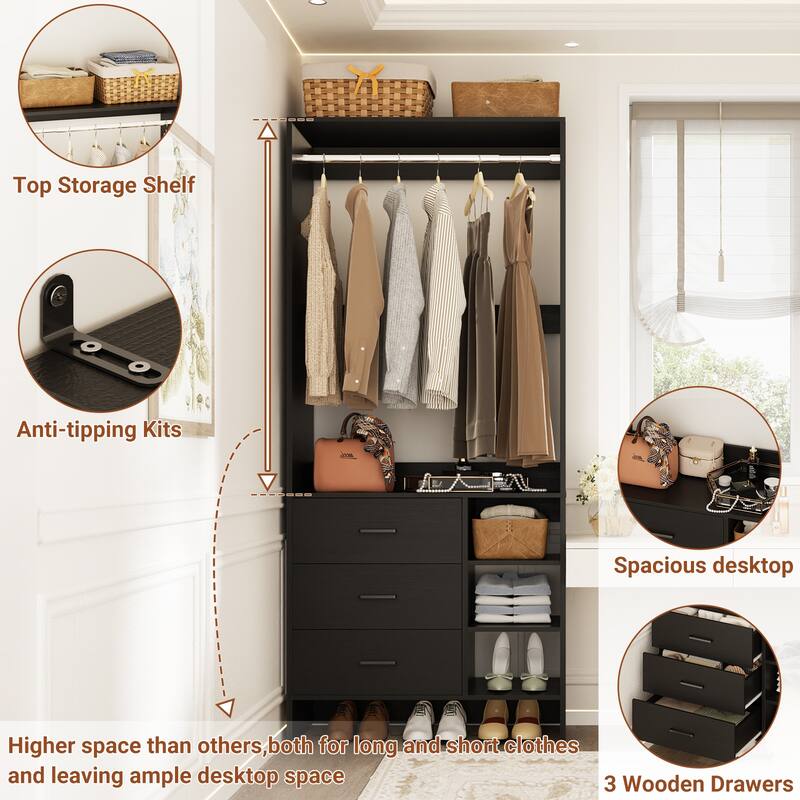 Cimly 30'' W Freestanding Closet Sytem with Hanging Rod, Closet Organizer with Drawers and Shelves