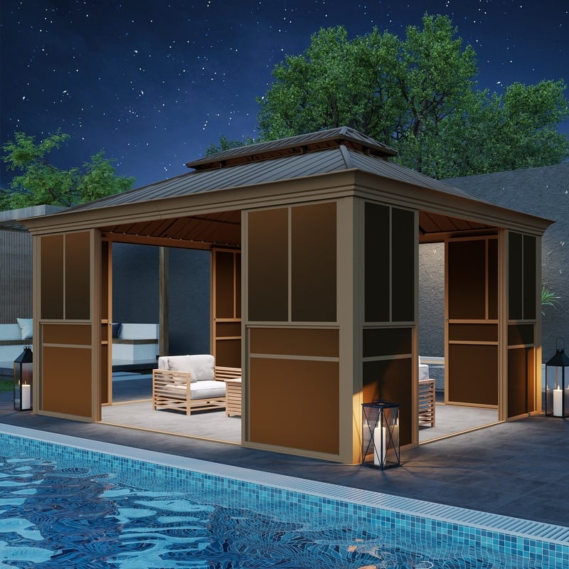 Hardtop Sunroom with Double Steel Roof, Sliding/Lockable Doors & Screens - All-Season Rustproof Aluminum Frame,Advanced Drainage