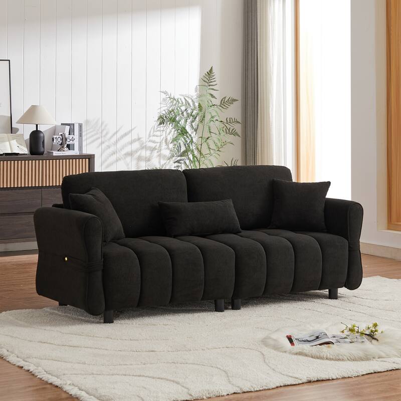 80'' Chenille Fabric Sofa with Lumbar Pillow, 3-seater Upholstered Sofa Chaise with 2 Cushions for Livingroom
