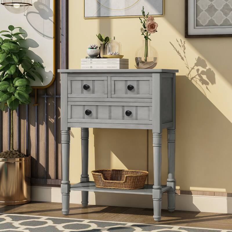Narrow Console Table, Slim Sofa Table with Three Storage Drawers and Bottom Shelf
