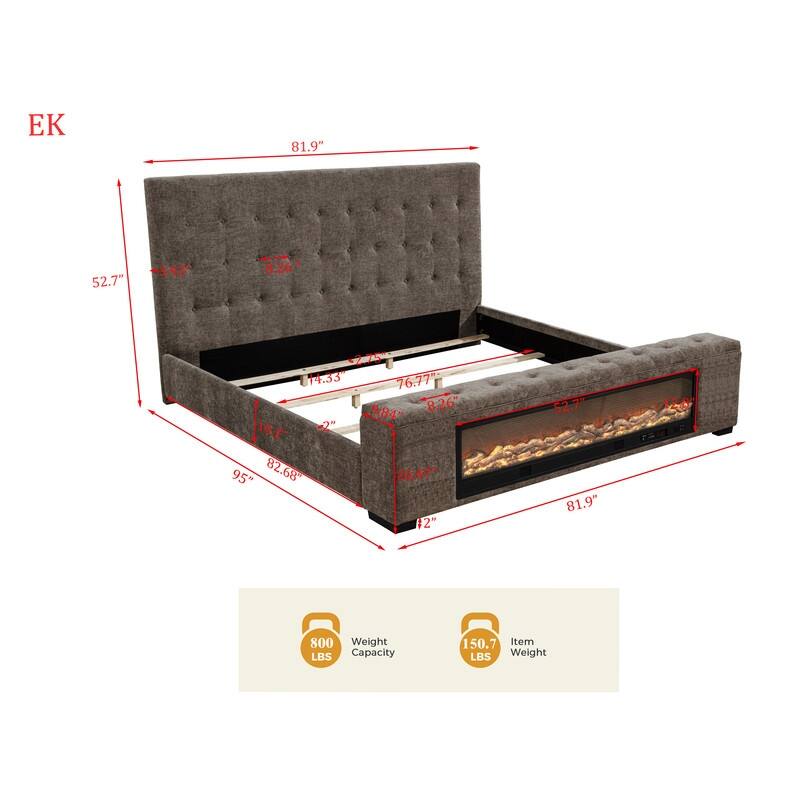 Best Master Furniture Sabine Luxe Modern Upholstered Tufted Grey Chenille Panel Bed with Integrated Fireplace Display