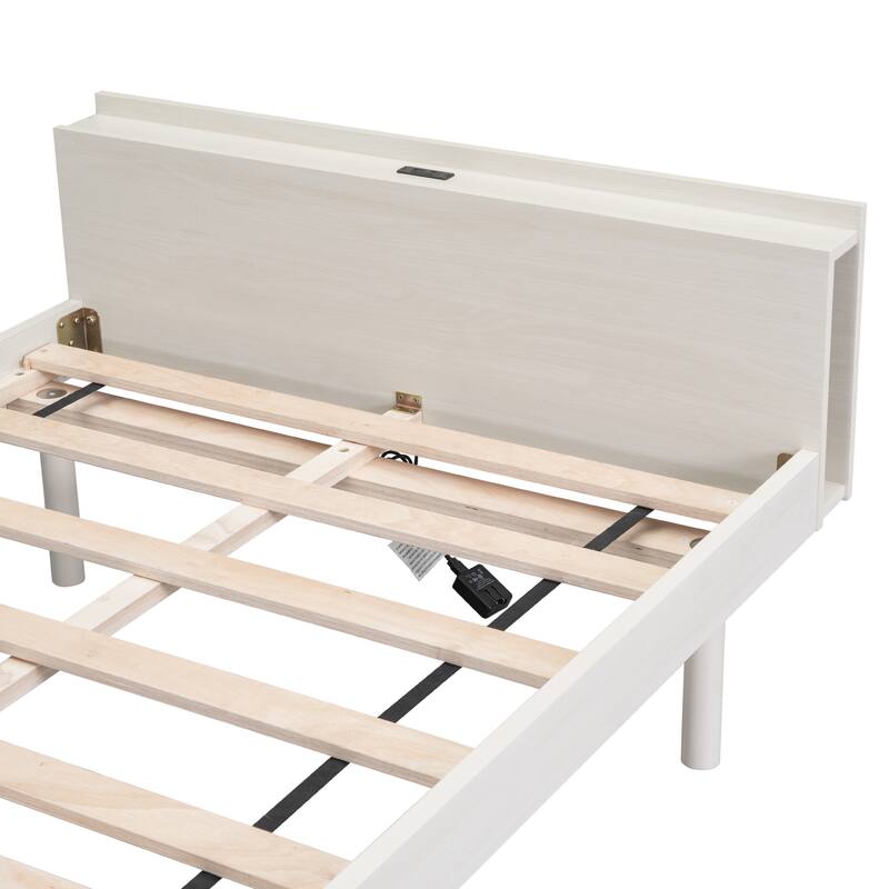 White Washed Modern Design Twin Size Platform Bed with Built-in USB port for Bedroom