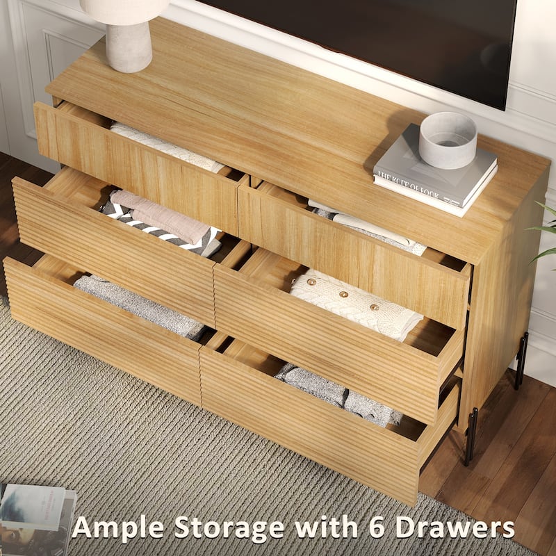 WAMPAT 2 Pcs Bedroom Set, 6 Drawer Dresser And Nightstand Set For Bedroom,Hidden Handles, Reed Pattern & Double Chopsticks Legs