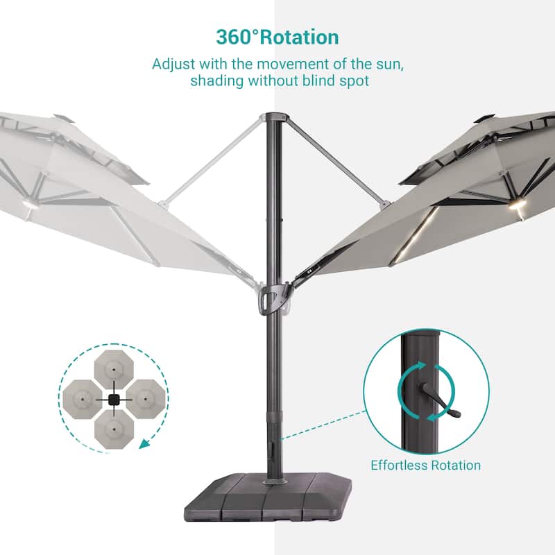 BONOSUKI 11Ft LED Double Top Aluminum LED Cantilever Patio Umbrella with Base for Patio Deck Garden, Red