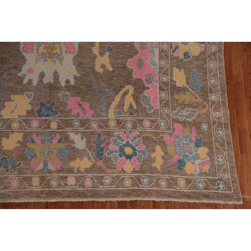 Hand Knotted Oriental 100% Wool Carpet Transitional All-Over Brown Oushak Area Rug - 12' 8'' X 8' 11''