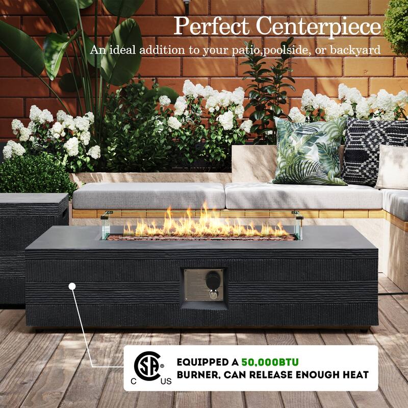 Patio Watcher 56in. Outdoor Rectangle Magnesium Oxide Fire Pit Table with Gas Tank Cover and Wind Guard