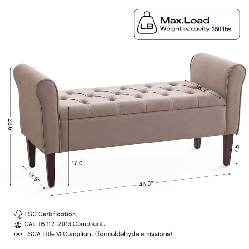 Arm Fabric Storage Ottoman Bench with Solid Wood Legs, 48"W x 18"D x 23"H