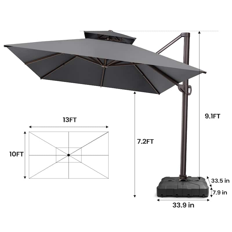 Pellebant 10FT x 13FT Outdoor Patio Offset Umbrella 360 degrees Rotation with Base