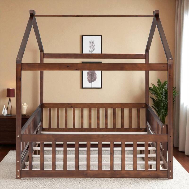 Twin/Full Size Wooden House Bed Frame with Fence and Roof, Playhouse Style for Kids and Teens