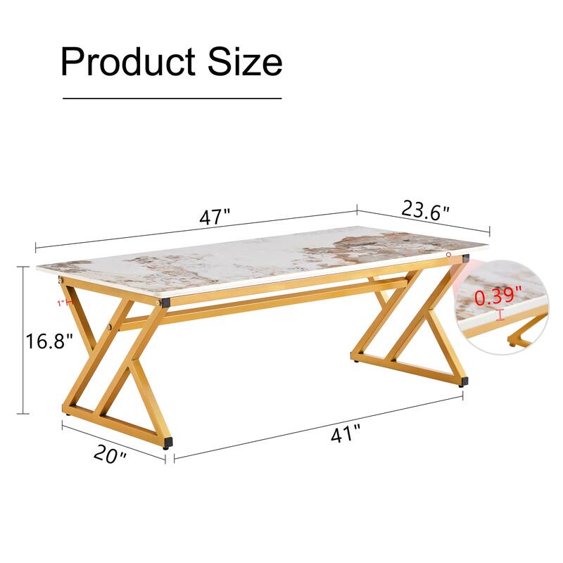 47" Modern Rectangular Coffee Table with Sintered Stone Tabletop and X-shaped Metal Legs