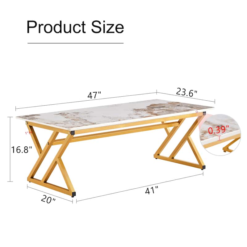 Modern Marble Rock Coffee Table with Black X-Shaped Metal Legs Sintered Stone Table Top, for Living Room