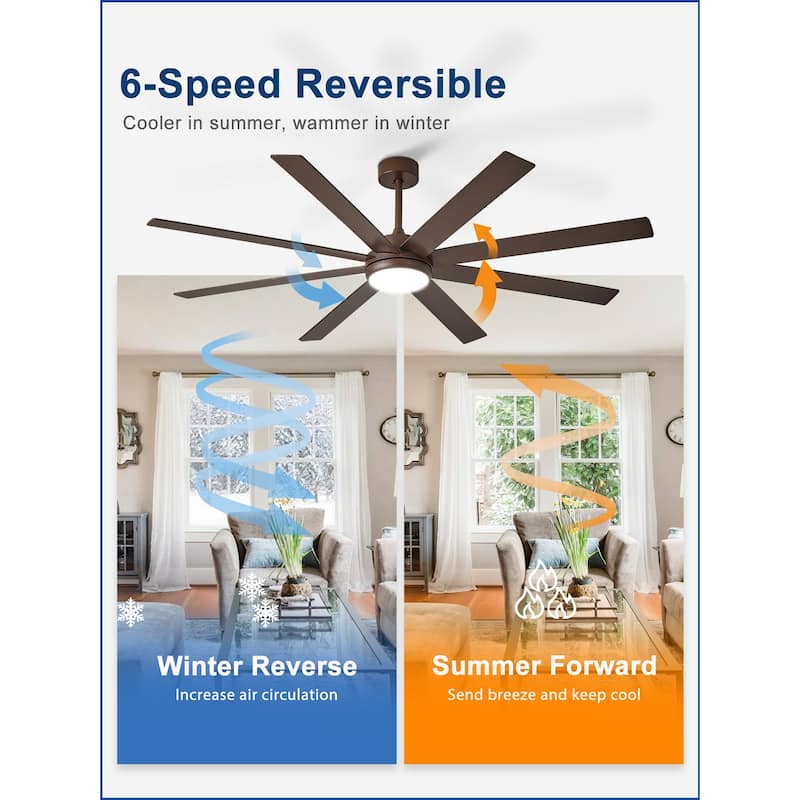 Large Ceiling Fan with Light - 8-Blade, Remote App Control, Dimmable 3CCT, Quiet DC Motor​, 66/72 Inches